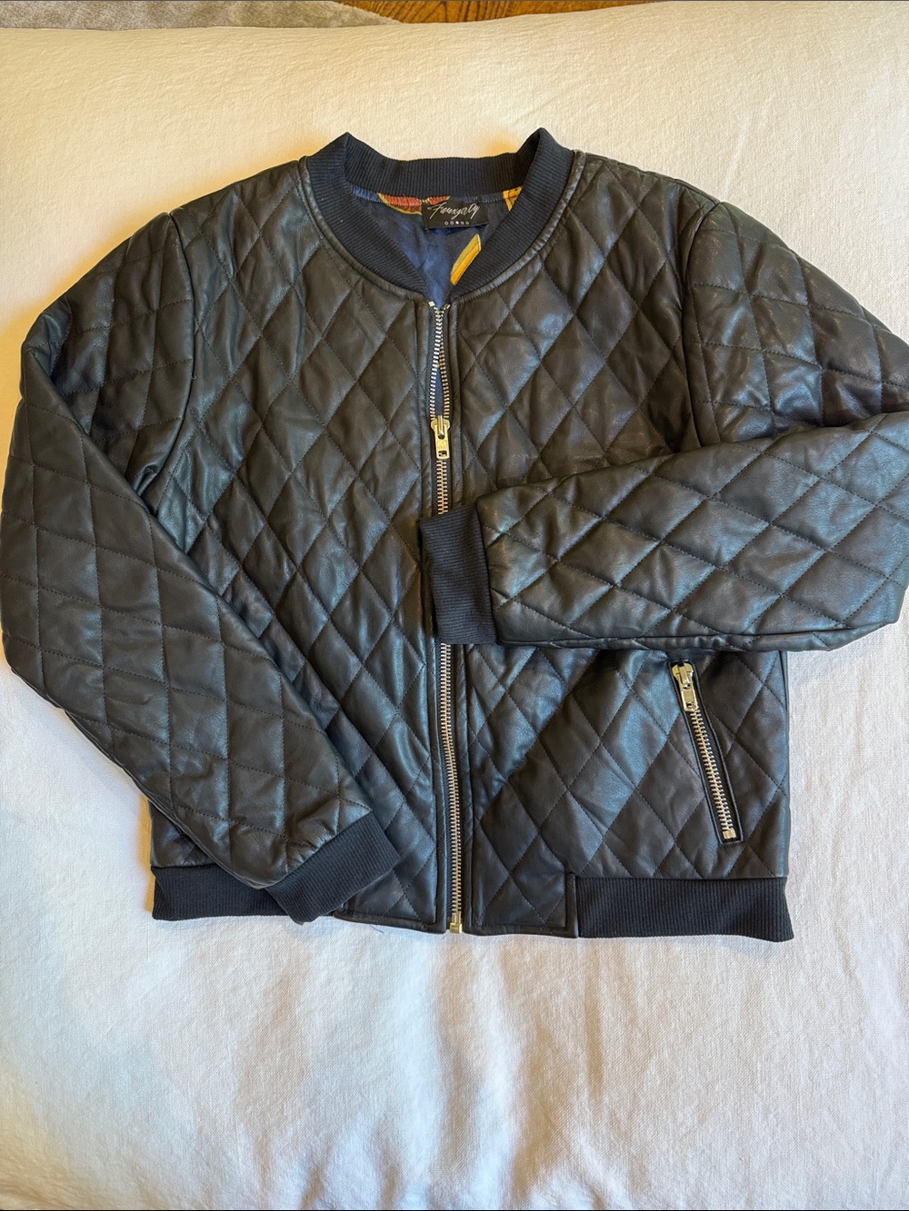 Fauxgerty Black Quilted Vegan Leather Bomber Jacket – Women’s Small